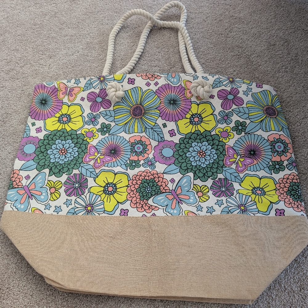 Floral Canvas Tote Reuseable Bag with Rope Handles
